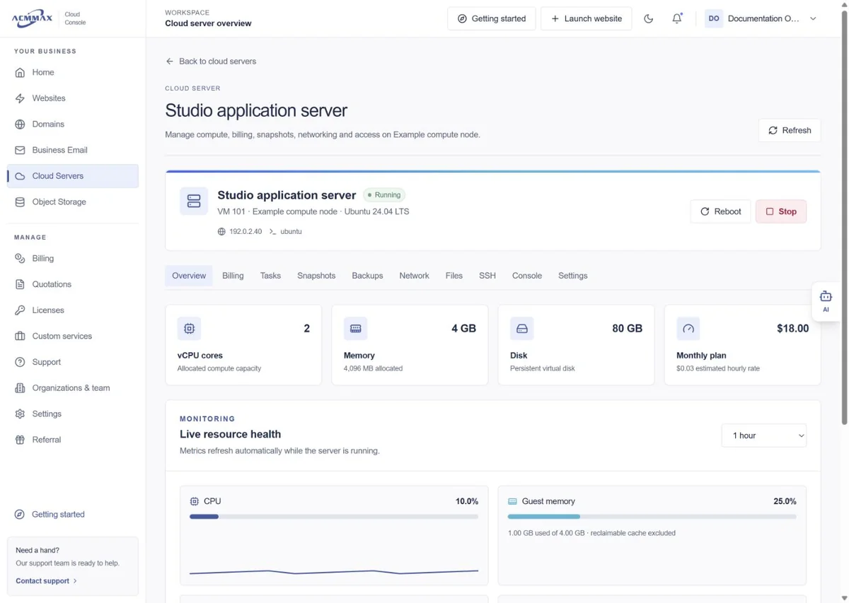 Cloud Console server overview with running status, CPU, memory, disk and resource monitoring.